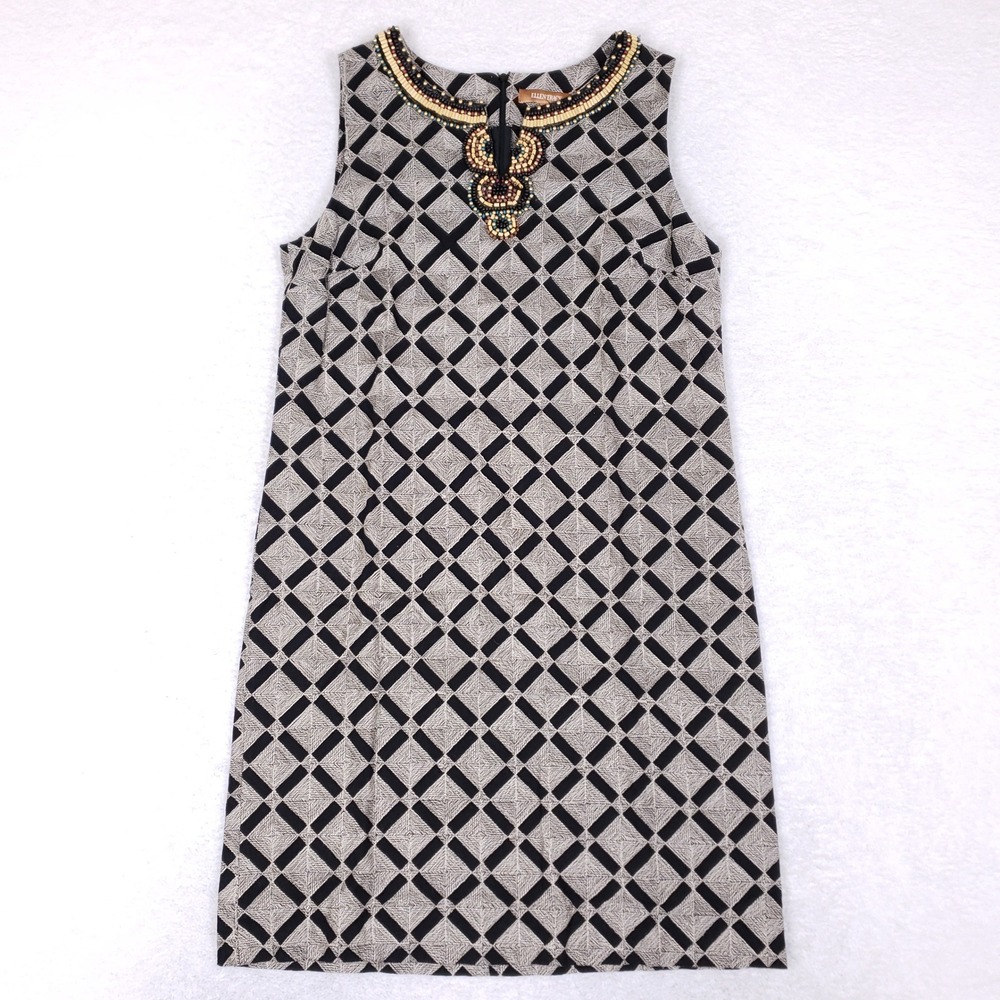 Ellen Tracy Beaded Geometric Shift Dress Linen Cotton Black Beige Size 12‎